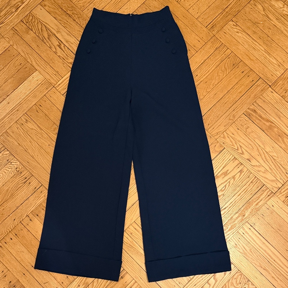 Navy sailor button detail zip up Wide-Leg Pants